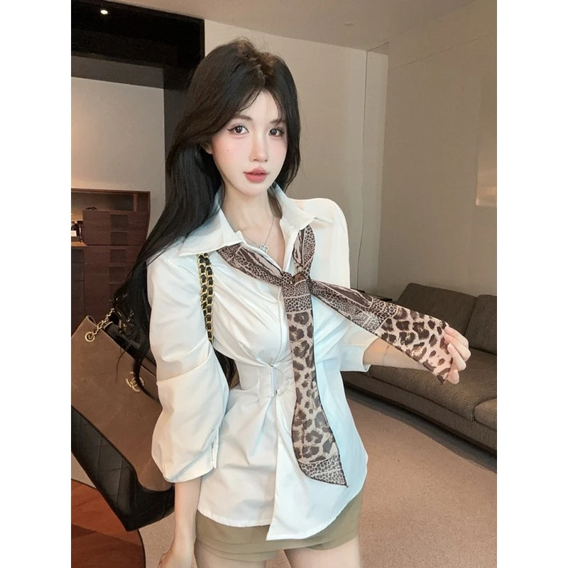 老钱风豹纹领带衬衫女设计感小众秋季中长款上衣巨好看泡泡袖衬衣
