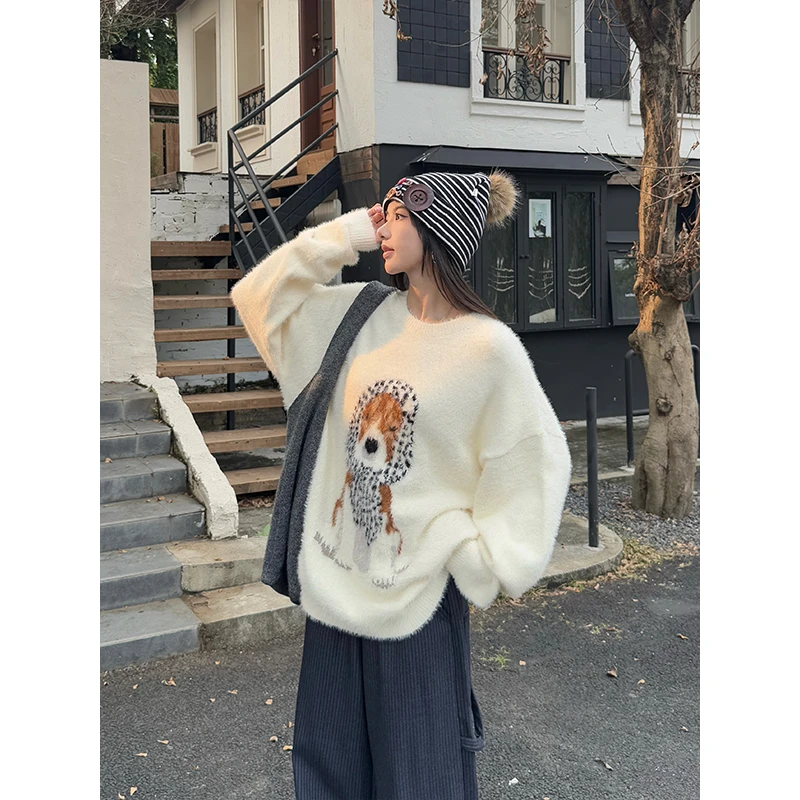 URKR美式卡通小狗毛衣秋季慵懒风软糯宽松休闲百搭套头针织上衣