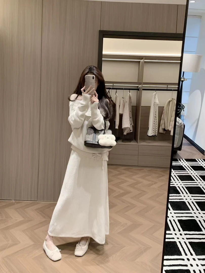 一字领露肩毛衣女秋季新款高级感麻花针织上衣半身裙两件套