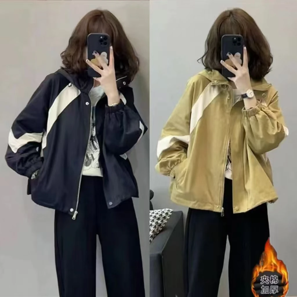 [加棉加厚]2025秋冬时尚新款冲锋衣休闲百搭工装上衣连帽撞色外套