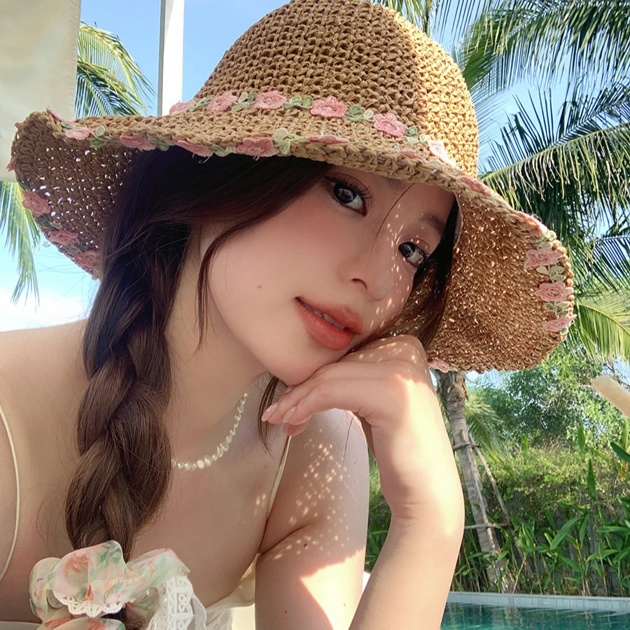 蕾丝系带草帽夏季女帽子防晒学生户外遮阳帽绑带沙滩彩虹太阳帽子