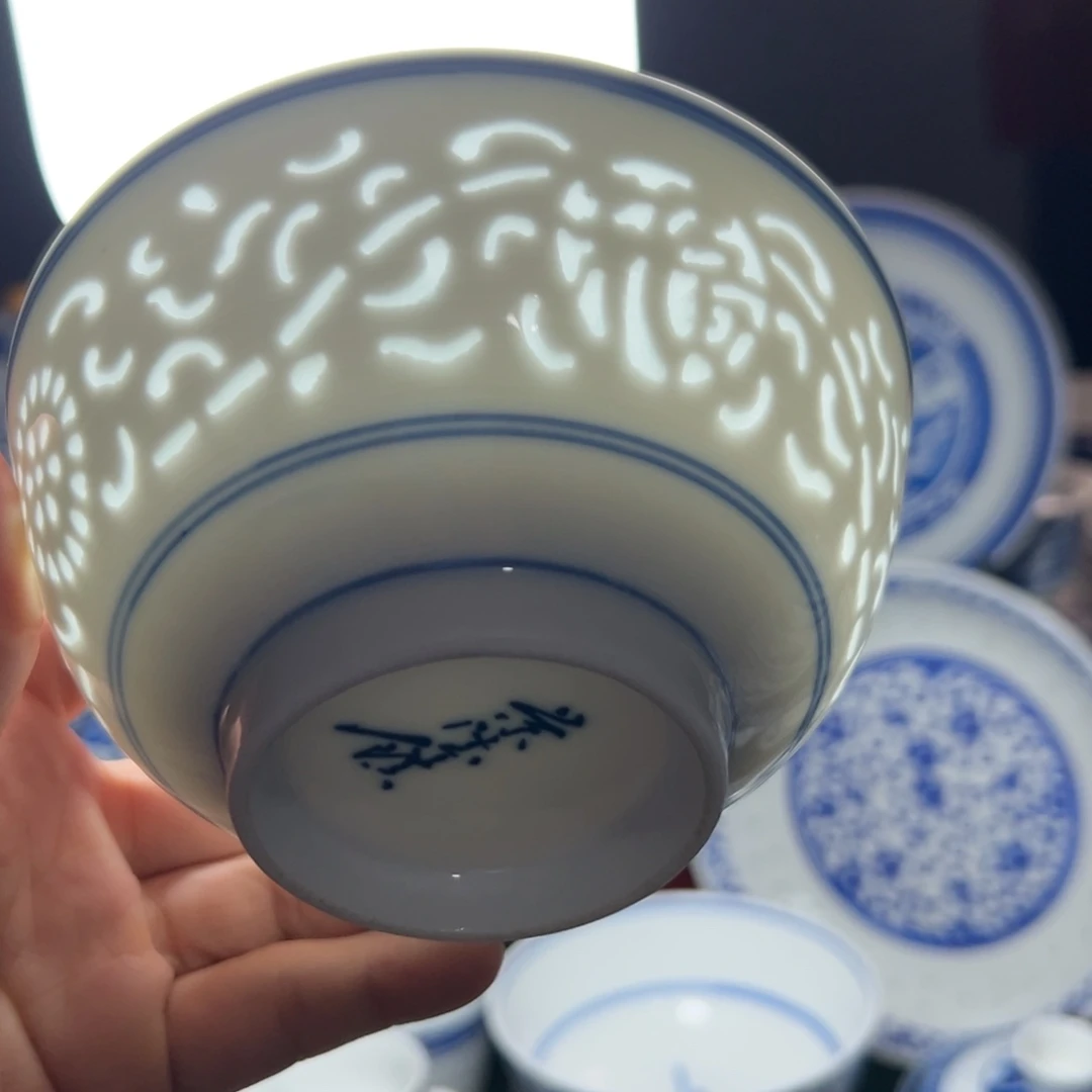 碗青花玲珑5寸饭碗满雕