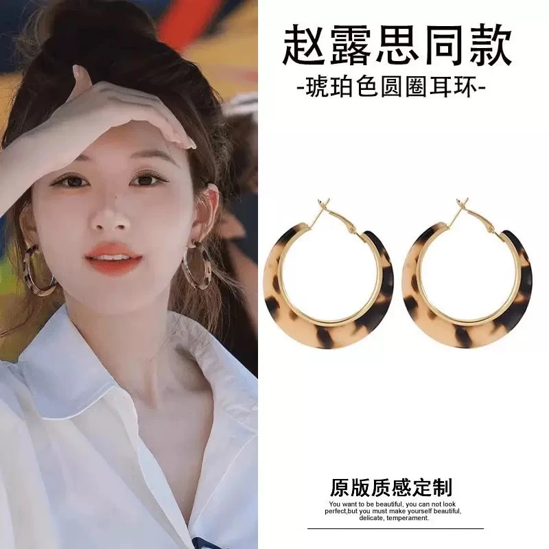 合金耳饰 美拉德焦糖色豹纹耳圈简约夸张适合脸大的耳环