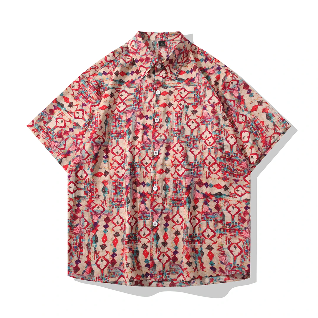 【冰丝上新】几何短袖薄款夏季复古度假风花卉衬衫嘻哈休闲情侣美式