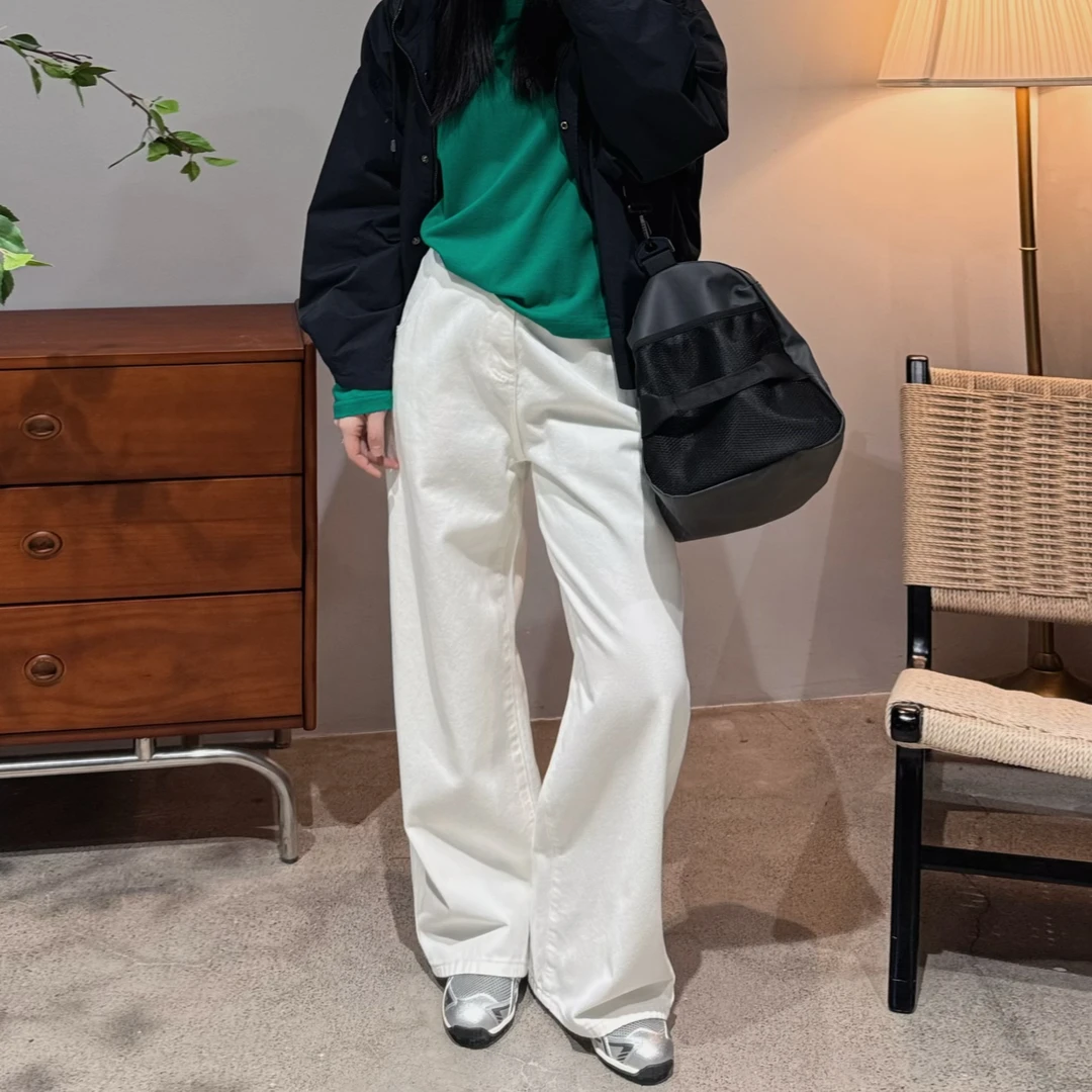 春季韩版时尚百搭休闲简约白色中高腰直筒牛仔裤女-H25101307