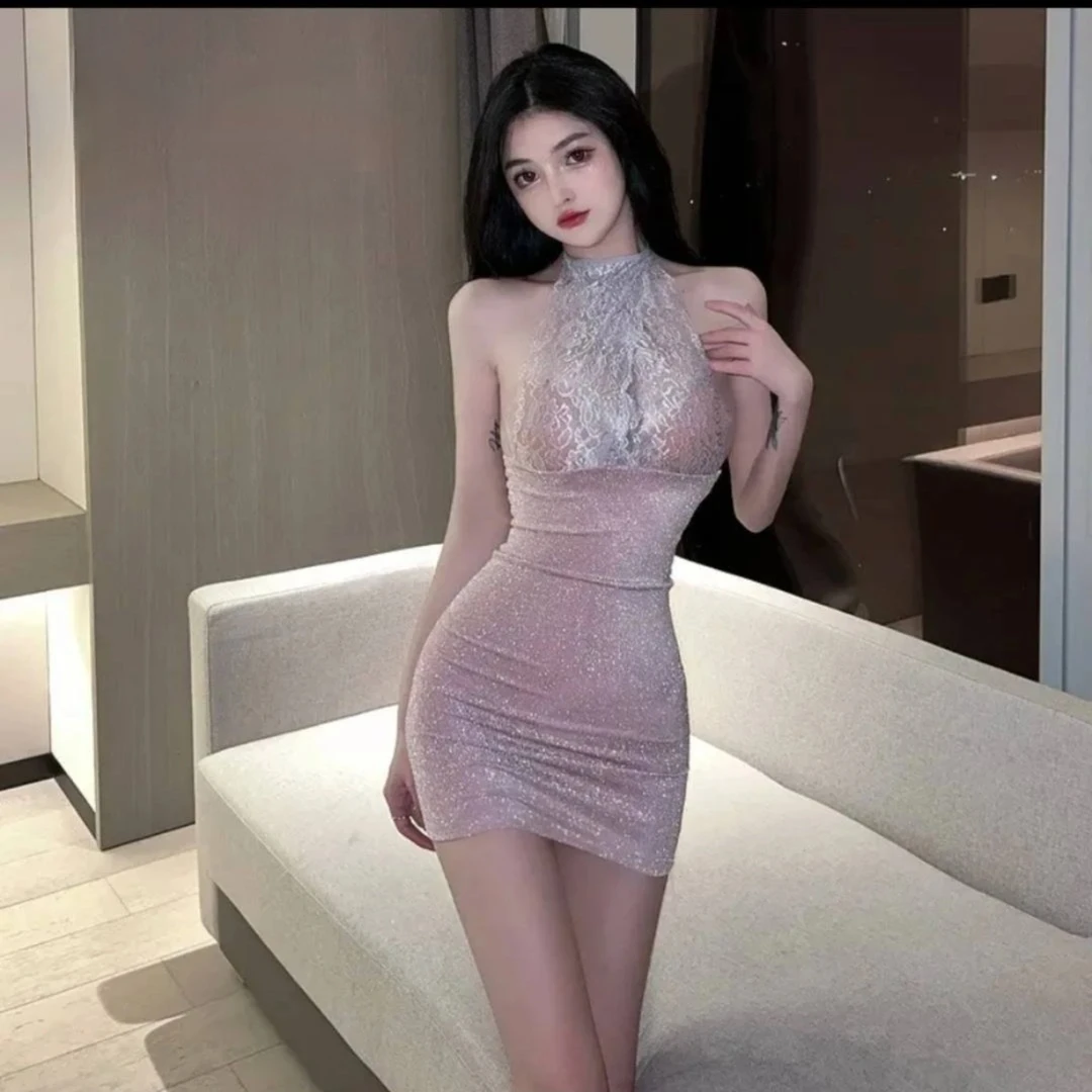 趣味睡衣情调内衣网红女露收腰蕾丝显瘦低胸辣妹臀挂脖包臀连衣裙