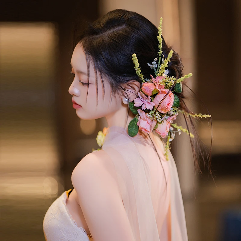 非金属布艺婚庆饰品 新娘花朵氛围感婚纱超仙粉色仿真配饰MC2676