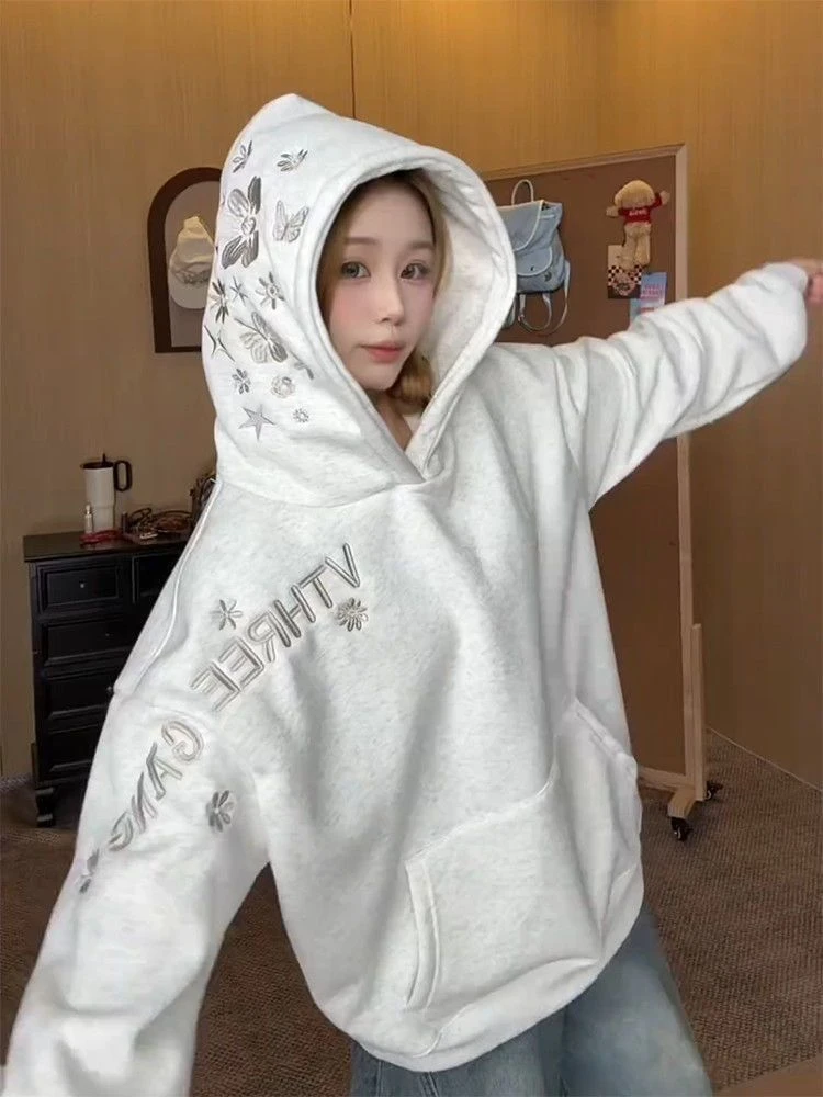 加绒卫衣秋冬女款时髦刺绣韩版东大门宽松华棉潮流外穿连帽打底衫