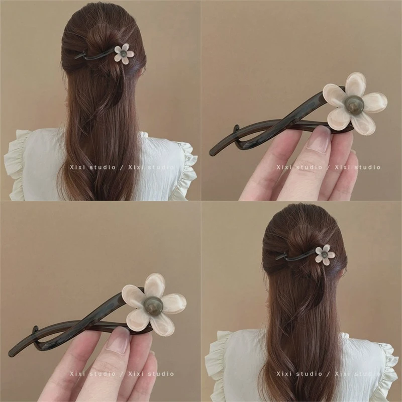 复古花朵一字夹发夹头饰扭扭夹后脑勺半扎发发饰鲨鱼夹安全替代品