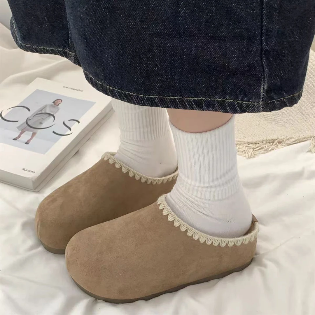 601日常磨砂休闲中跟纯色包头包头拖平底透气尖头复古