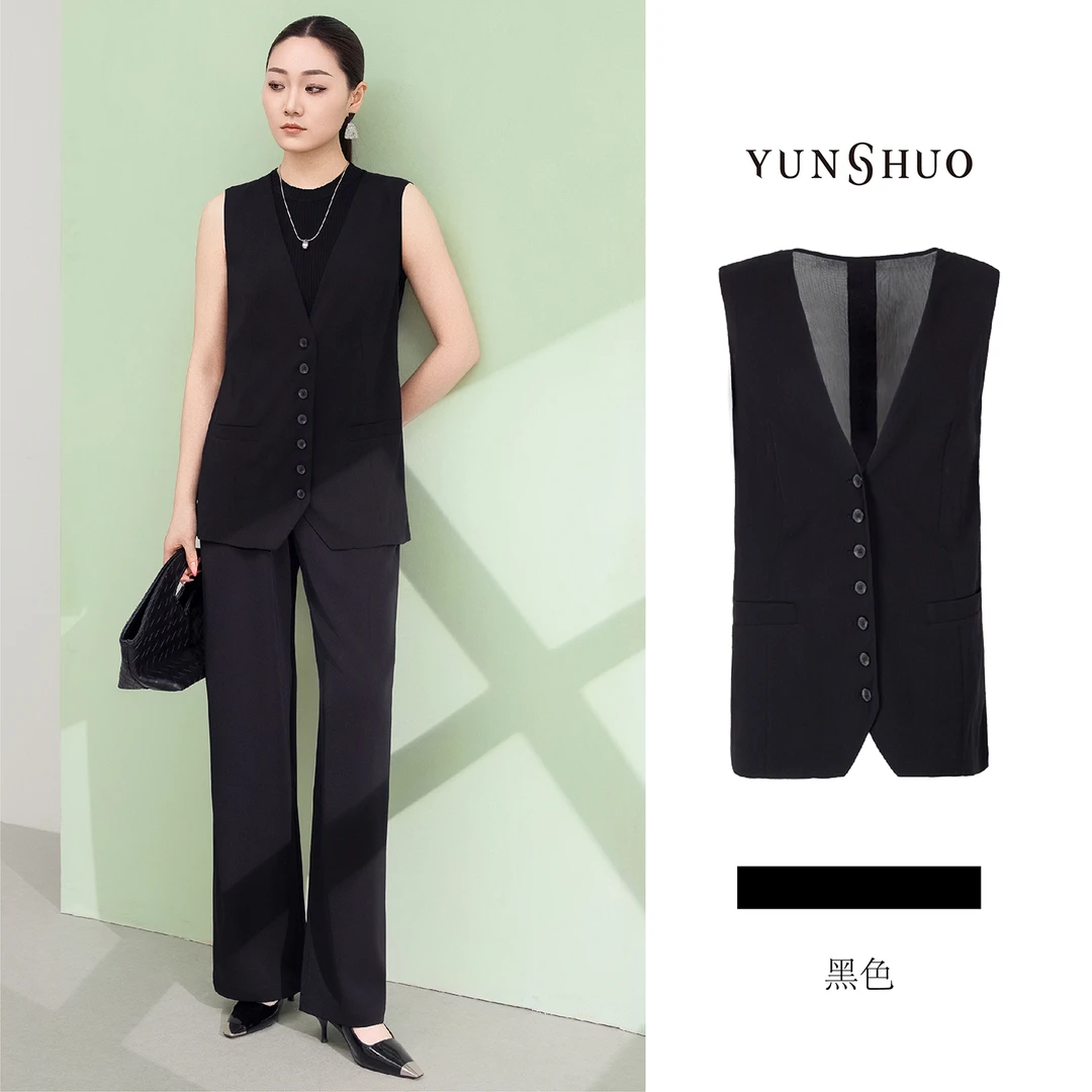 允硕新品女装时尚百搭V领无袖黑色简约直筒气质上衣马甲626111