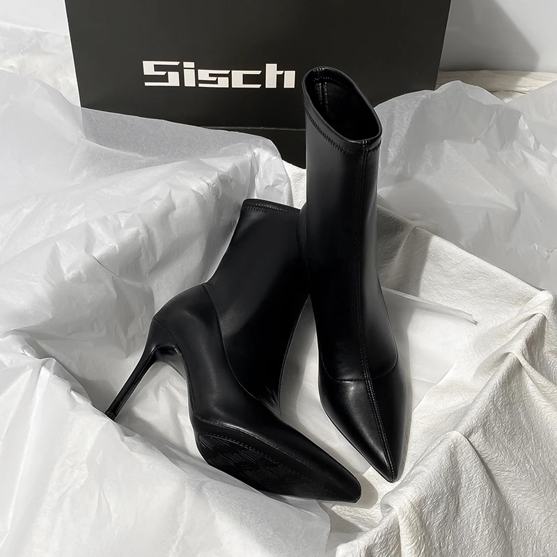 辣妹尖头细跟靴子女2024新款爆款时尚百搭黑色高跟短靴瘦瘦靴皮靴