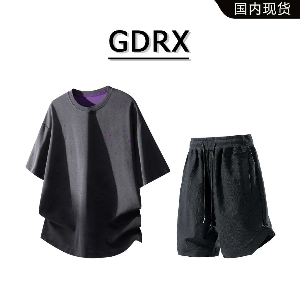 GDRX美式破洞短袖套装男款2025夏季薄款宽松短裤两件套高级感男装