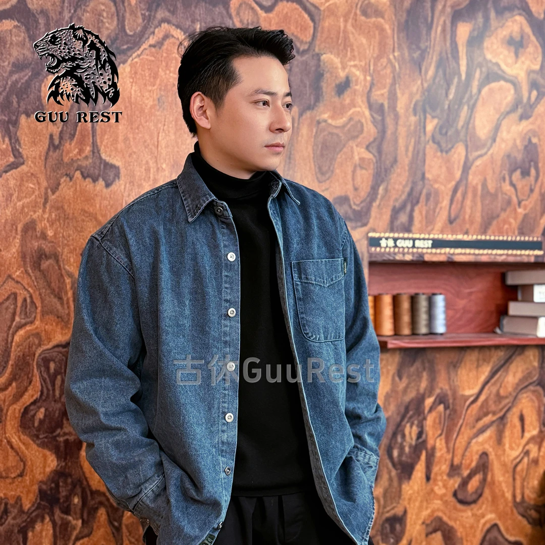 GuuRest牛仔衬衫春季重磅宽松百搭复古休闲长袖衬衣外套春秋季s