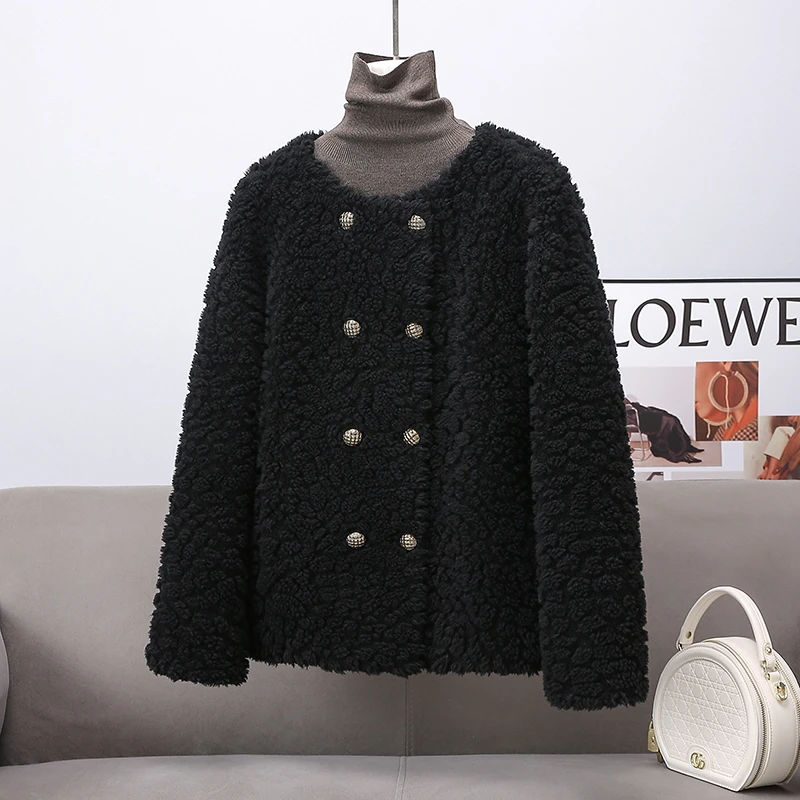 海宁羊毛外套女小香风短款双排扣圆领洋气新羊剪绒秋冬薄款百搭