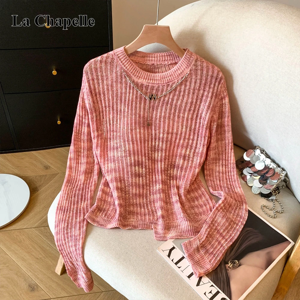 拉夏贝尔圆领镂空针织长袖T恤女2025秋季新款高级感宽松显瘦上衣