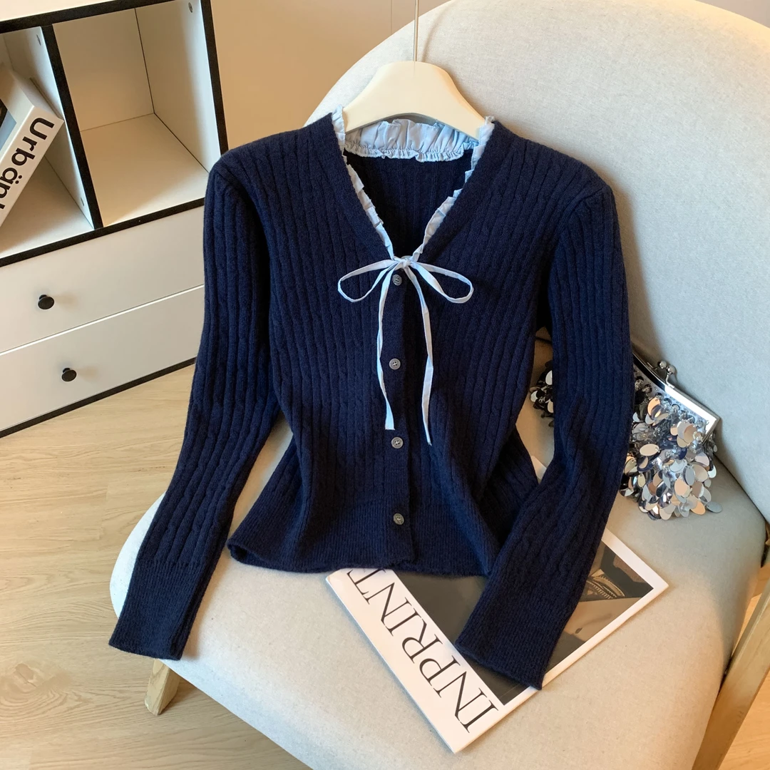 韩系假两件花边V领针织衫女秋季设计感蝴蝶结系带修身长袖小上衣