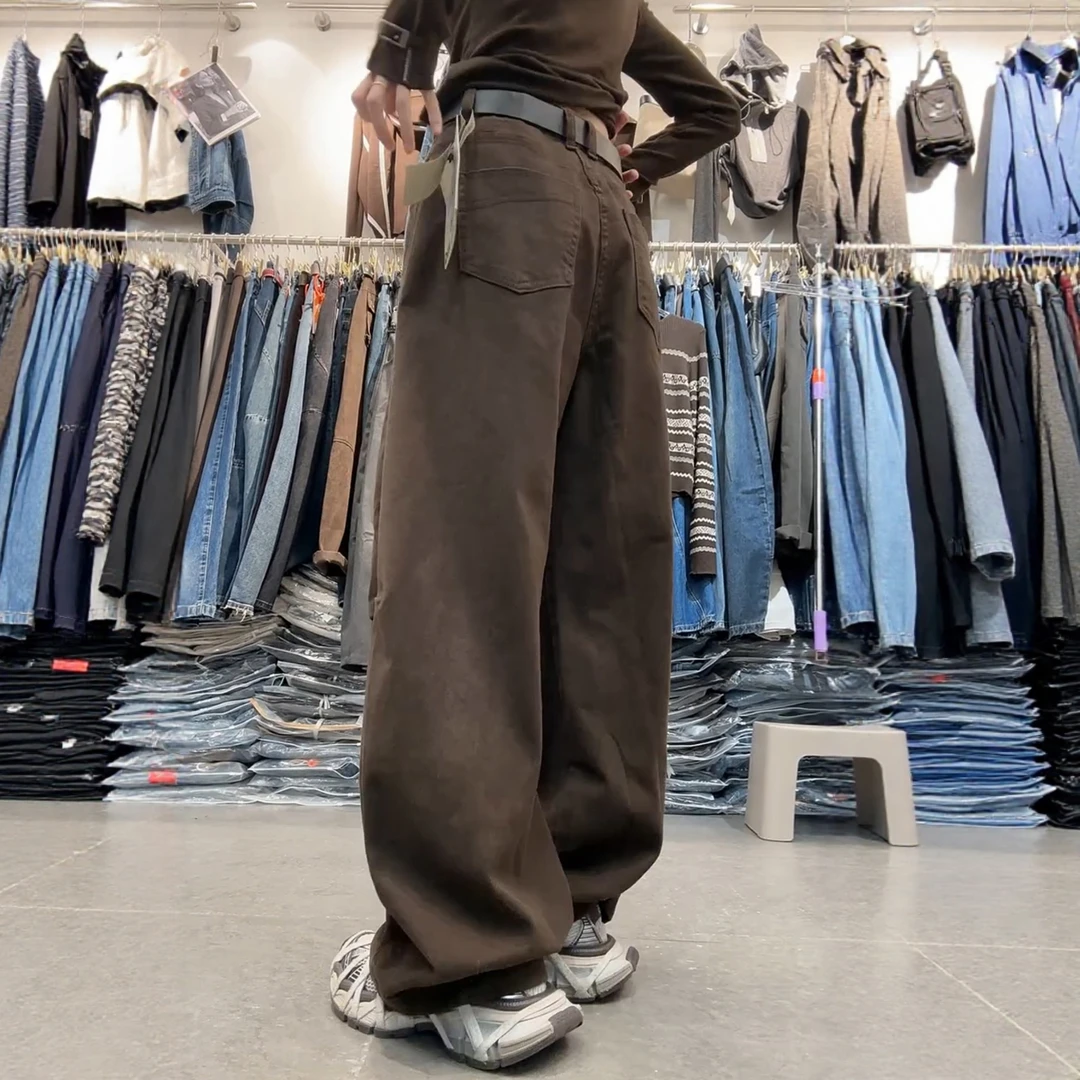 复古大码胖mm弯刀牛仔裤女秋冬韩版高腰显瘦宽松棕色阔腿拖地裤子