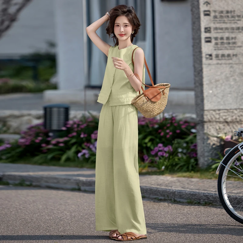 木耳边拼接休闲套装女夏2025新款松弛感无袖马甲上衣阔腿裤两件套