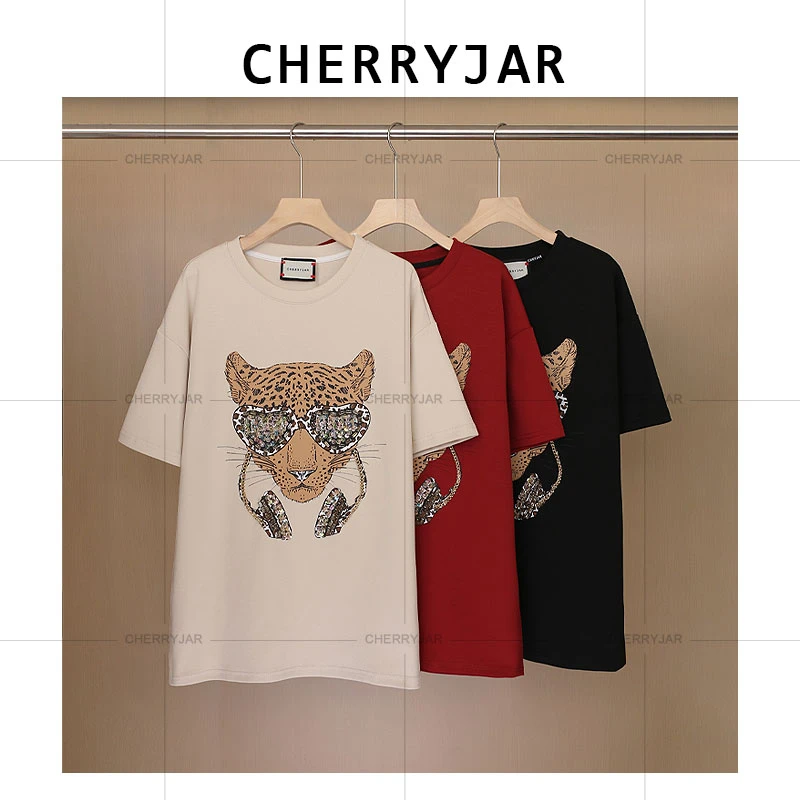 【251080】时尚情侣猎豹印花镶嵌烫钻重工短袖夏季夏季潮流圆领