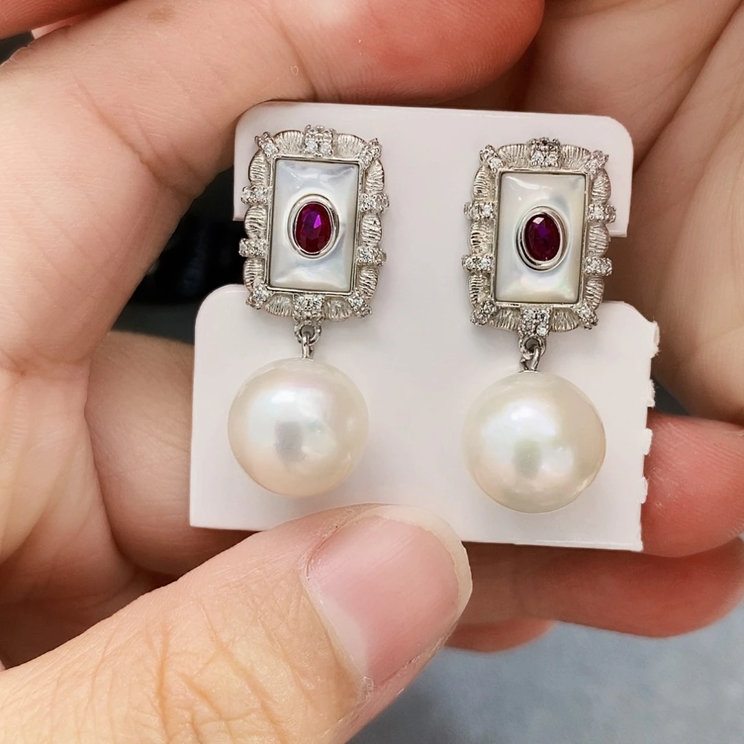 银S925镶嵌特价爱迪生耳饰11,5mm淡水珍珠桔***2