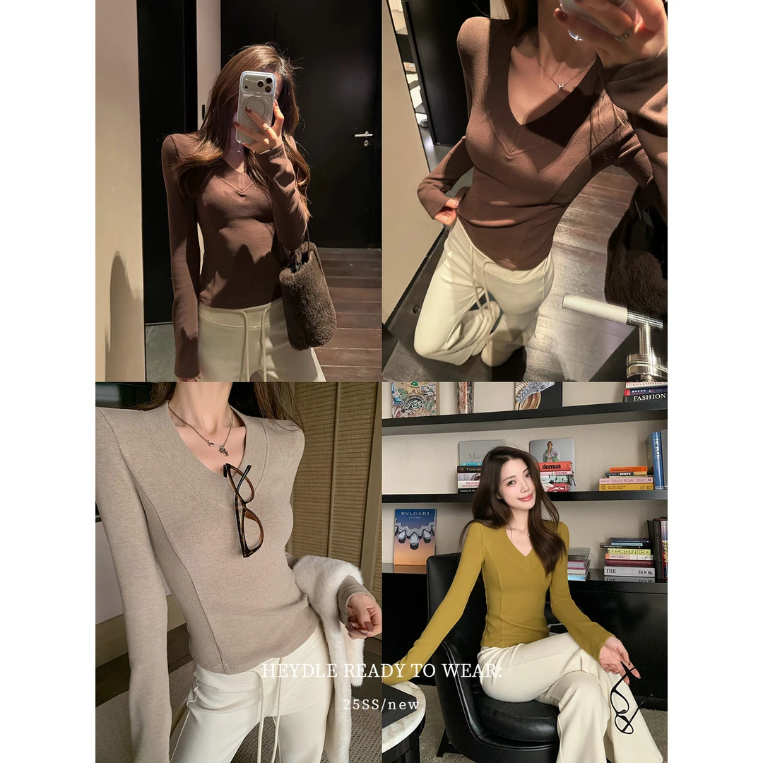 黑豆哼哼 静奢基底*V领纯色简约内搭打底衫百搭修身显瘦长袖T恤女