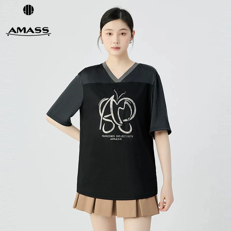 【北京阿玛施】530058春夏新款时尚休闲百搭舒适显瘦V领短袖T恤上衣