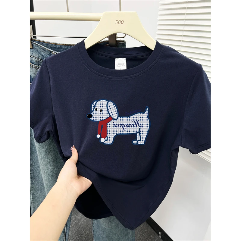 韩版正肩短袖t恤女夏季新款大码遮肉胖mm洋气小狗印花圆领上衣服