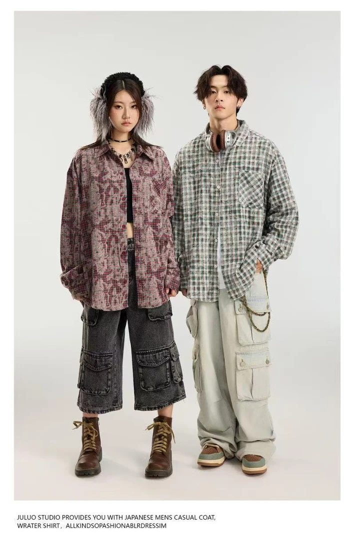 美式复古扎染格子长袖衬衫男女潮牌无性别穿搭衬衣外套GK-3006