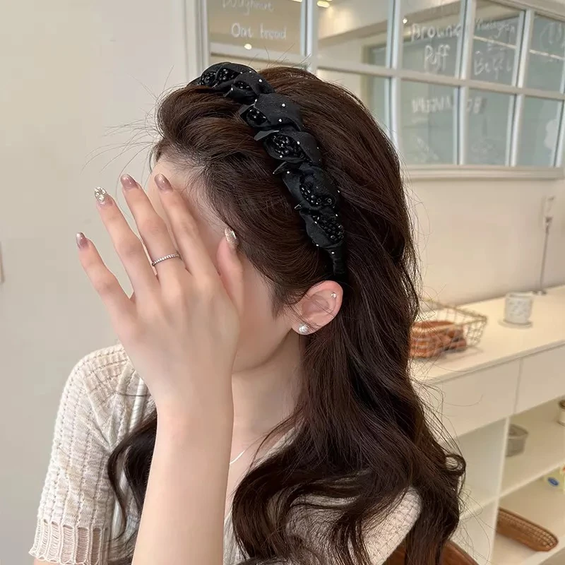 高级感轻纱串珠缠绕高颅顶发箍波浪长齿压发洗脸头箍时尚日常发饰