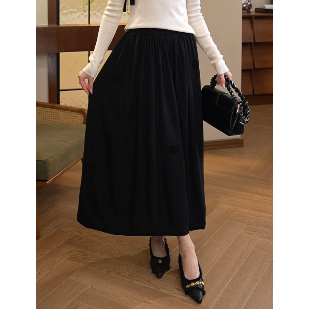 现货2026秋冬新款【8058-1】含绵羊毛花朵针织黑色针织高腰半身裙子