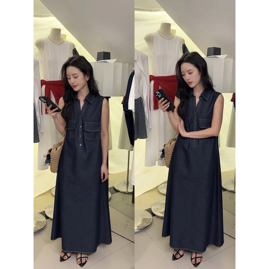 25100#韩系简约双口袋翻领牛仔背心连衣裙