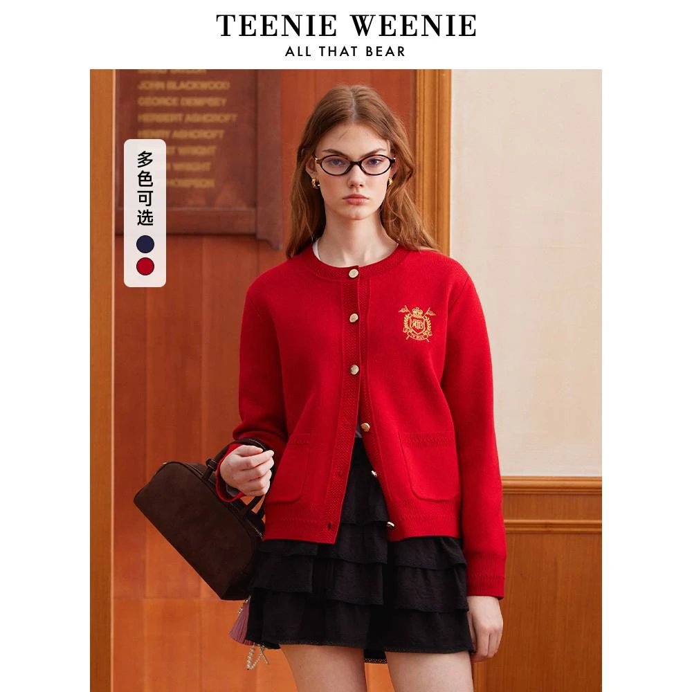 TeenieWeenie小熊针织开衫25学院圆领刺绣舒适毛衣女TTCK251201P