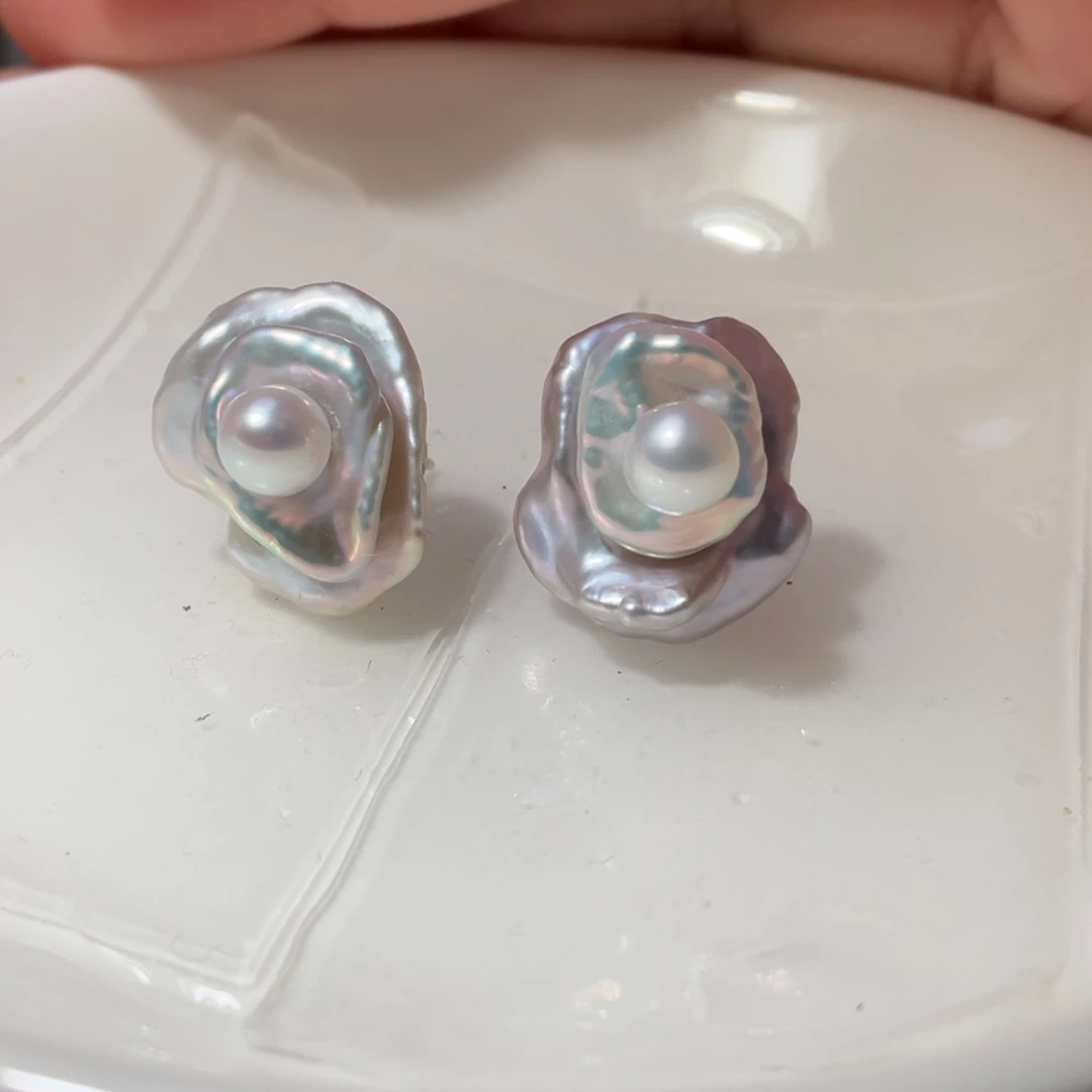 银S925镶嵌耳饰淡水珍珠