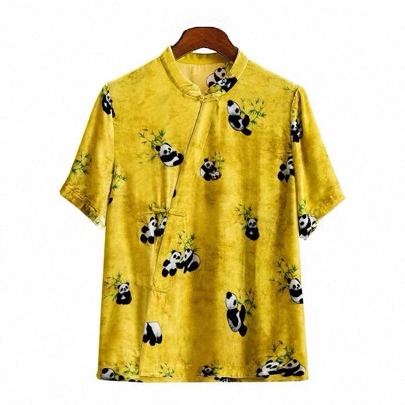 新中国风新中式夏季轻薄黄色短袖小熊猫上衣