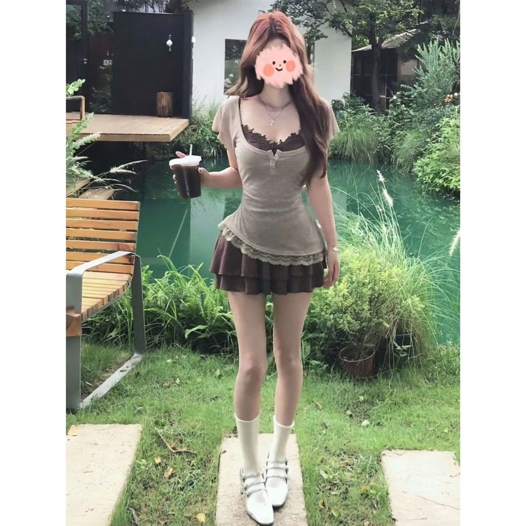 【拿铁可可】显瘦网红真两件夏季收腰设计裙子+短袖罩衫套装连衣裙