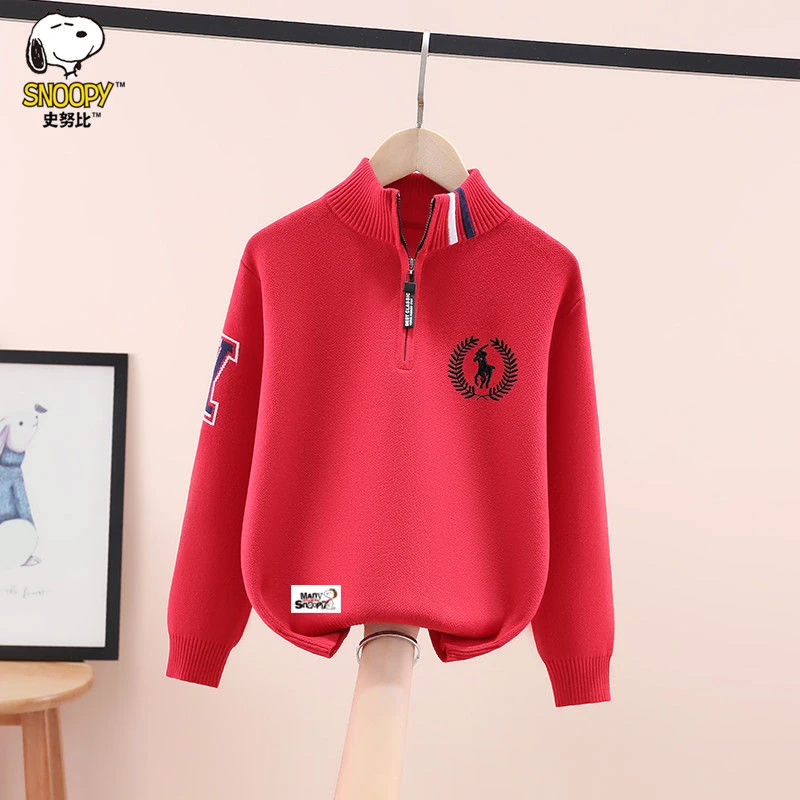 史努比男童毛衣纯棉秋冬新款洋气中大童男孩立领拉链针织打底衫潮