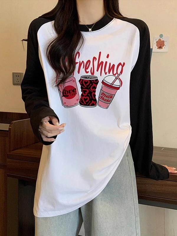 2025年秋季新品潮美式复古撞色插肩长袖t恤女纯棉内搭打底衫上衣