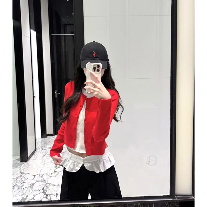 2025年秋季新款假两件毛衣慵懒风软糯红色针织衫配花边裤腰阔腿裤