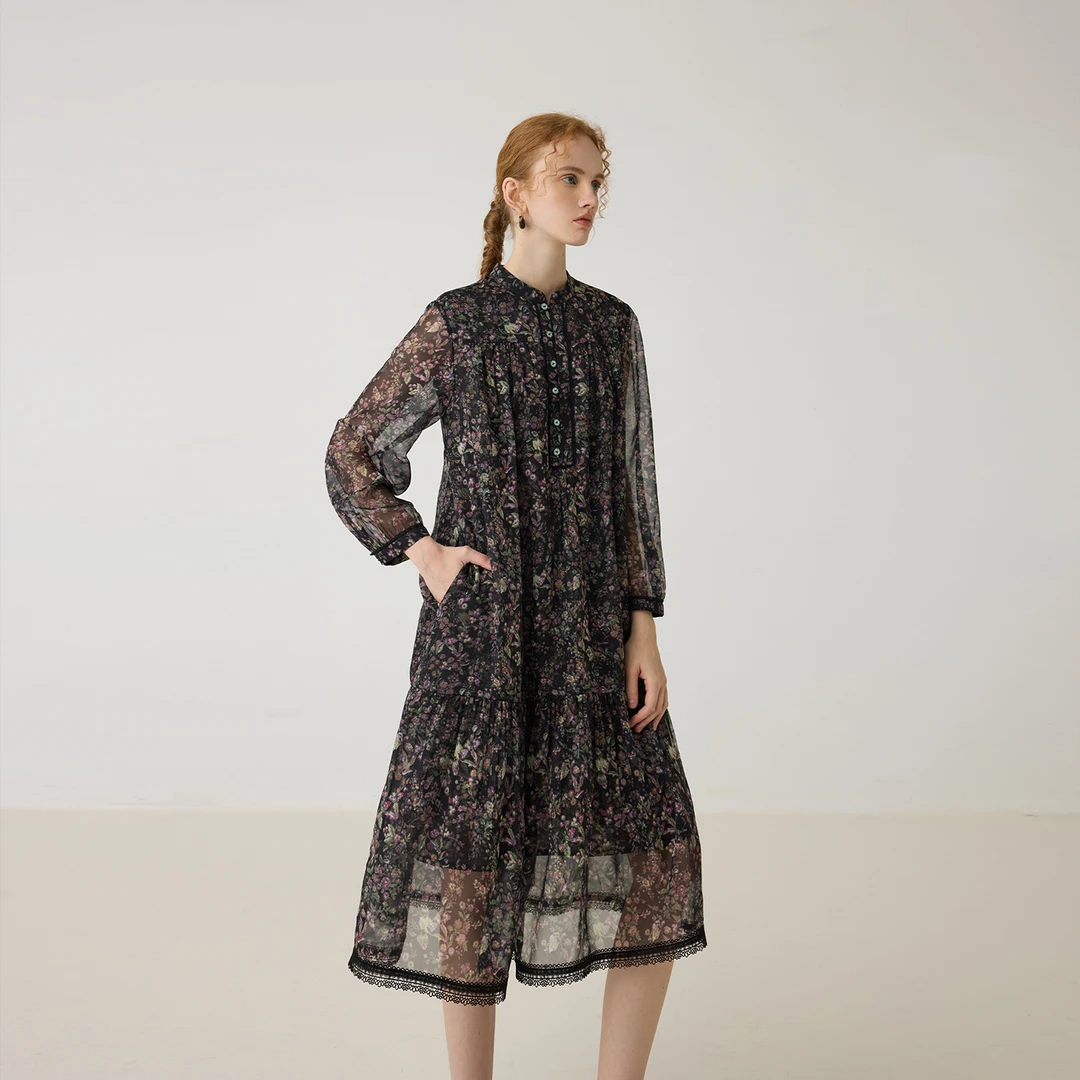 【EIN言】法式浪漫碎花印花立领双层纱灯笼袖连衣裙夏新6803D21