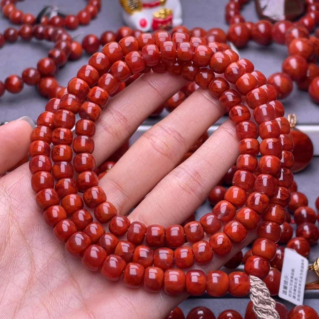 南红玛瑙未镶嵌其他天然原矿）高品7.8mm瓦西玫瑰红火焰老型佛珠
