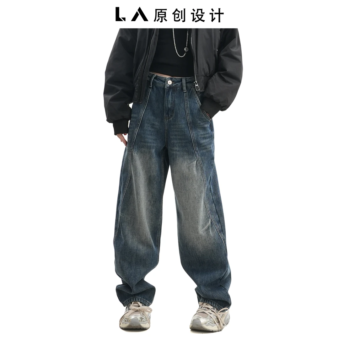 LA原创 【XC33003-2】加绒新款设计感中高腰水洗牛仔裤