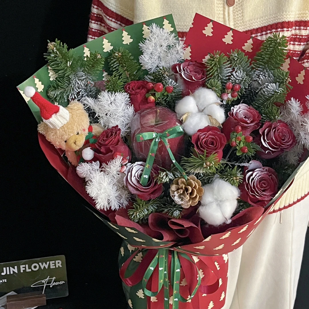 【平安夜的祝福】9朵红玫瑰苹果玩偶圣诞配饰送女友对象同城配送