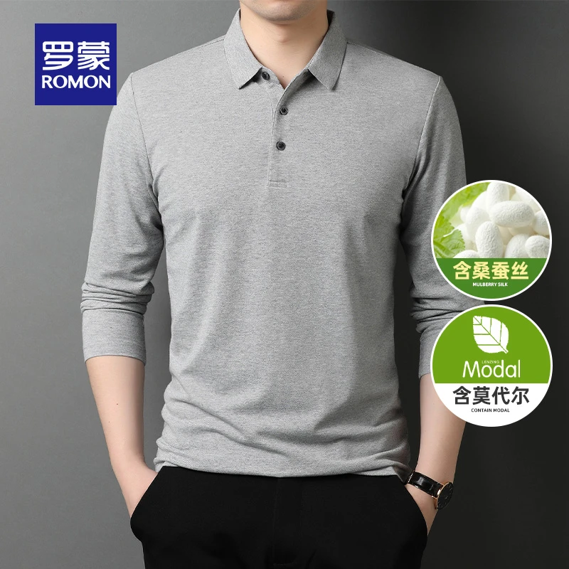 【含莫代尔+桑蚕丝】罗蒙男士长袖T恤2025秋季商务休闲翻领POLO