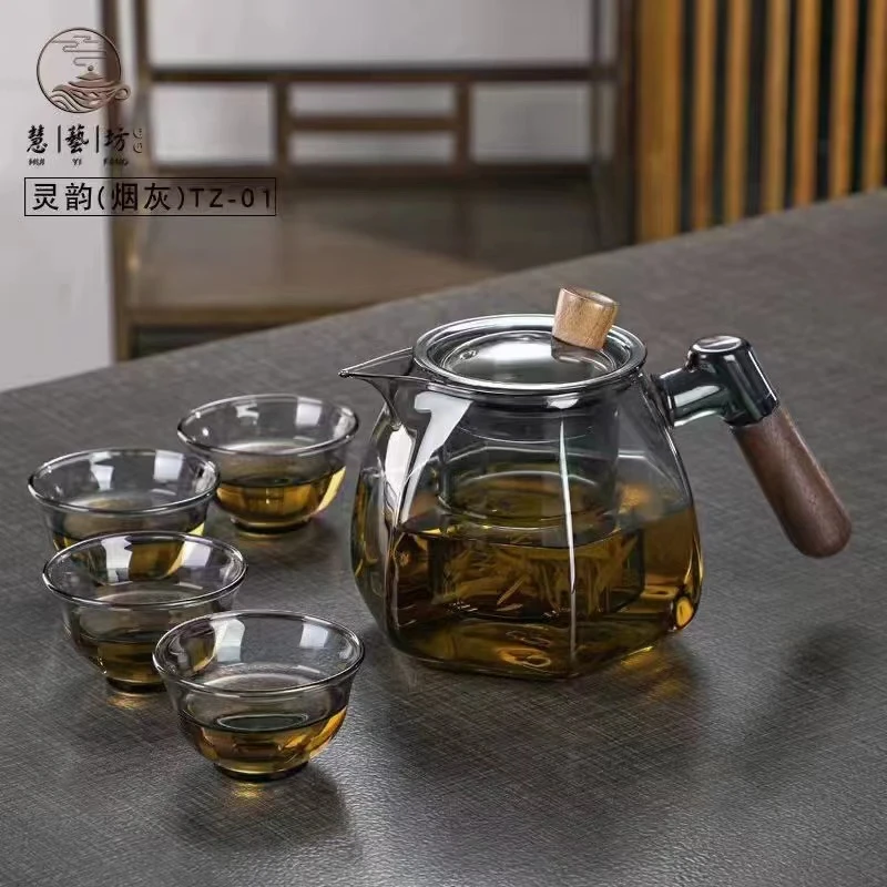 加厚煮泡茶壶玻璃耐高温茶水分离烧水壶加热电陶炉防烫木把侧把壶