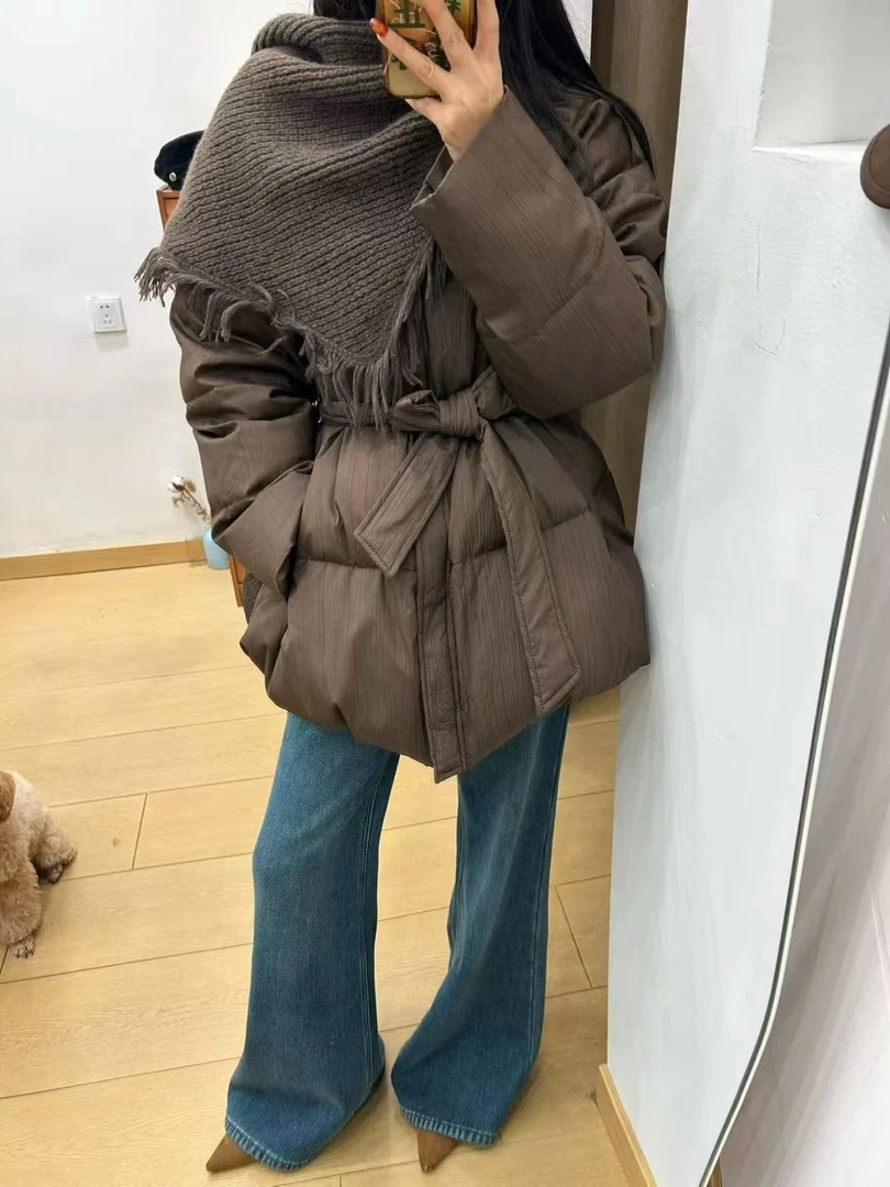 灰灰呀！66629 配流苏披肩 韩代复古设计感收腰百搭圆领羽绒服