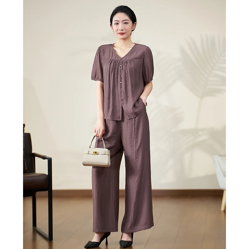 迪欧芙2025年夏季新款休闲通勤宽松上衣短袖两件套女#XTZ18318