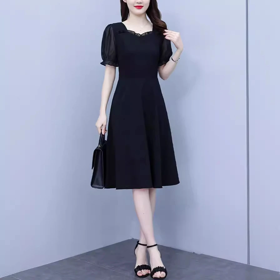 2025夏季新款大码女装连衣裙袖子拼接优雅收腰显瘦中长款黑色裙子