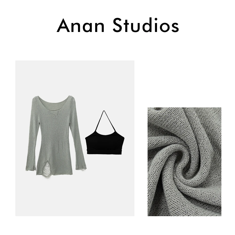 AAA060【星语星愿】微透破洞针织上衣+吊带（两件套）