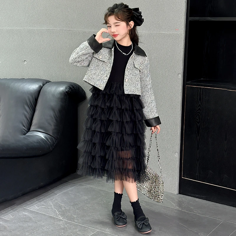 女童春秋季外套加黑色连衣裙小香风洋气新款2025中大童两件套装